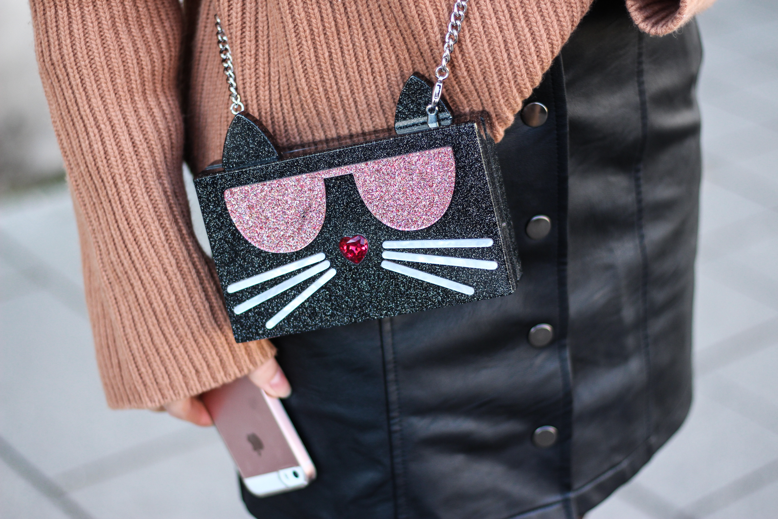 franziska-elea-blogger-aus-muenchen-fashionblog-mini-rock-fashionblogger-leder-rock-mit-knoepfen-karl-lagerfeld-tasche-katze-iphone-se-rose